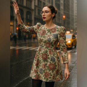 NWT Jacqui E, Size S, Floral Long Puff Sleeve Mini Dress